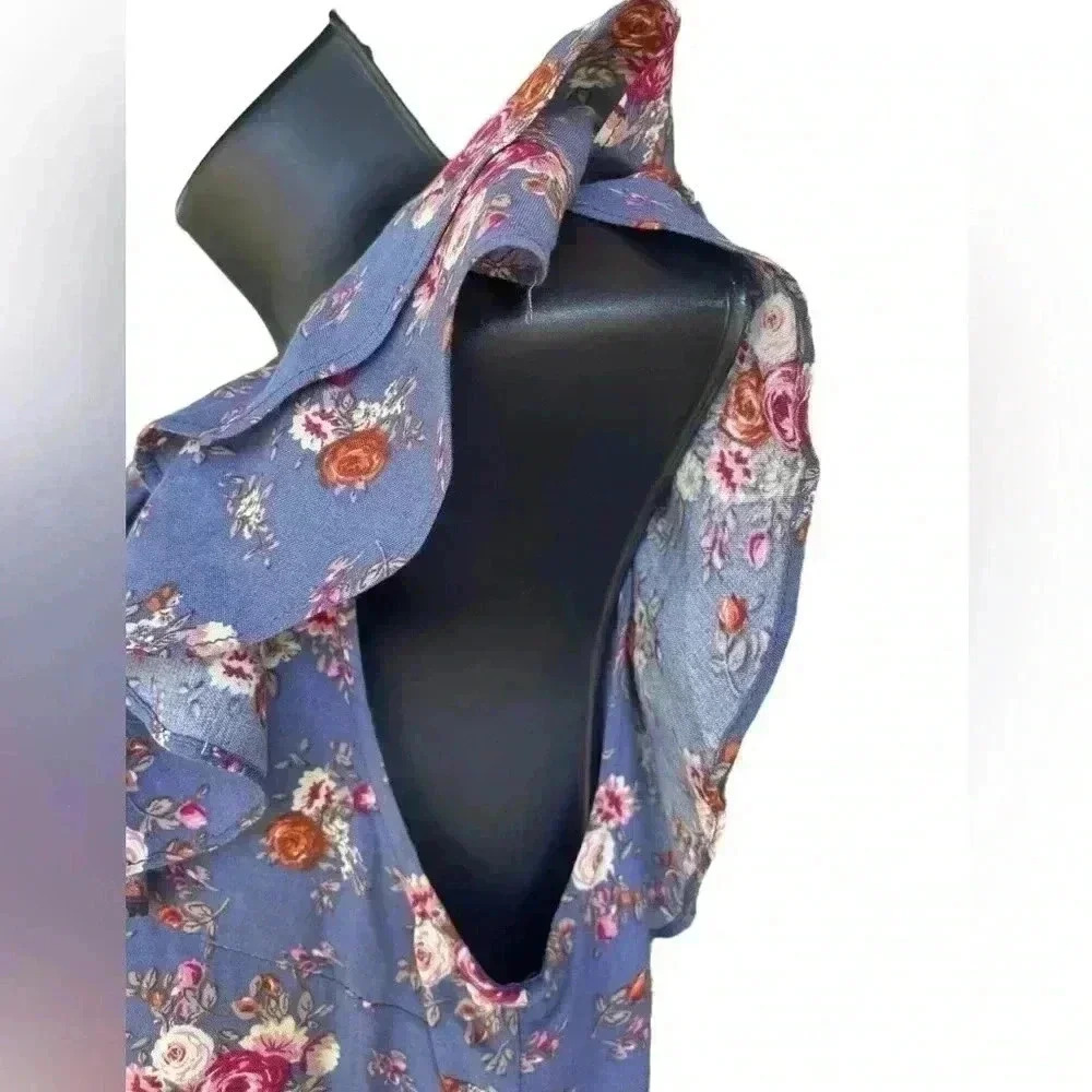 Double Zero women’s blue florar dress ruffle sleeves pearl buttons sz M pockets - Picture 2 of 9